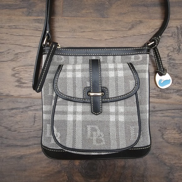 Dooney & Bourke Handbags - DOONEY & BOURKE Monogram‎ Canvas With Leather Strap Crossbody Purse Black Gray